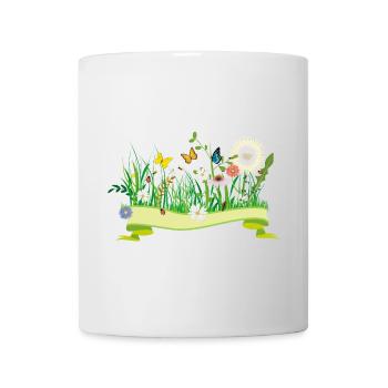 prairie printanière luxuriante avec des fleurs et des insectes - Mug blanc - blanc - Devant