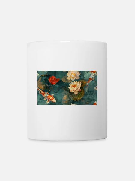 Koi and Lotus Flowers on Teal Water - Mug - white