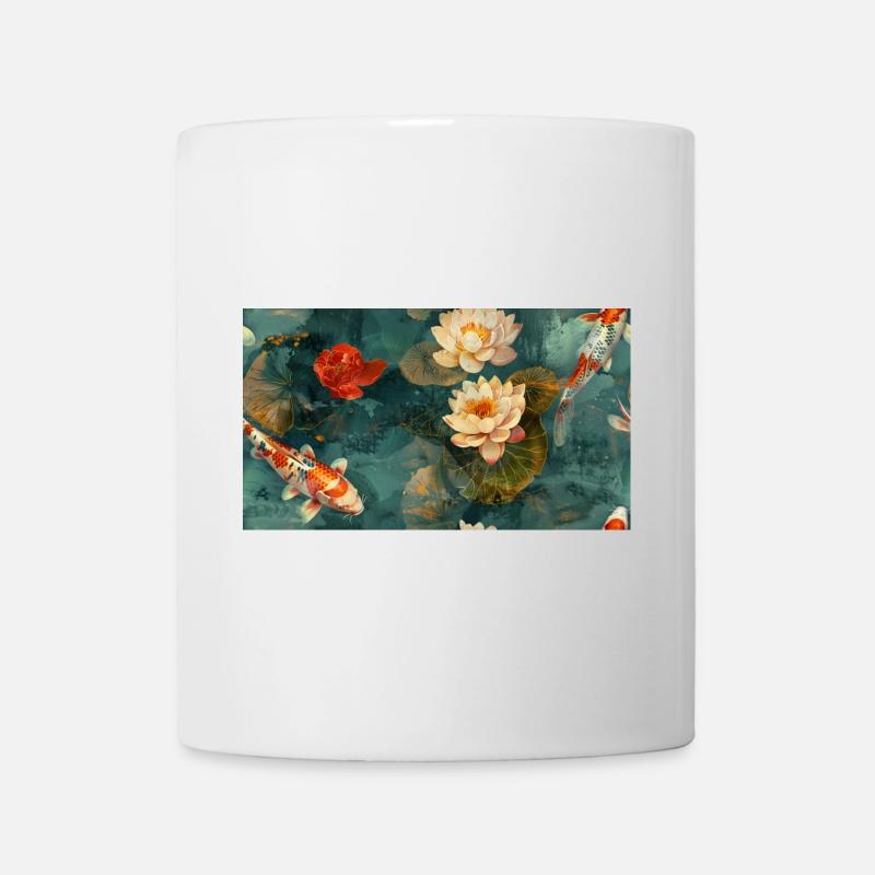 Koi and Lotus Flowers on Teal Water - Mug - white