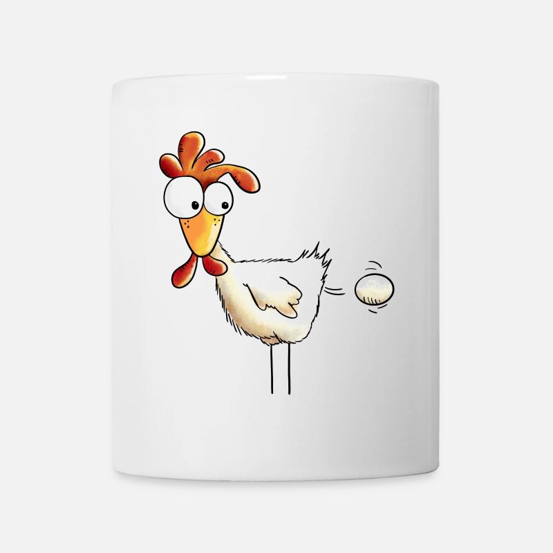 Huhn drückt ein Ei raus - Hahn - Gockel - Henne - Tasse - Weiß
