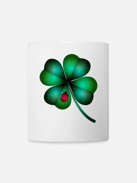 dunkelgrünes vierblättriges Kleeblatt Marienkäfer - Tasse - Weiß