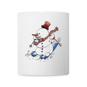 Fröhlicher Schneemann auf Skiern mit roter Mütze. - Tasse - Weiß - Vorne