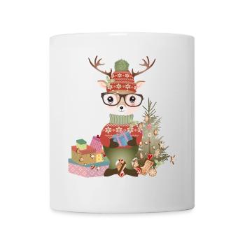 Deer with Christmas presents, glasses and hat - Mug - white - Front