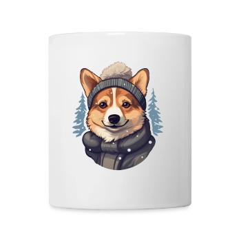 Welsh Corgi with hat and jacket in the snow - Mug - white - Front