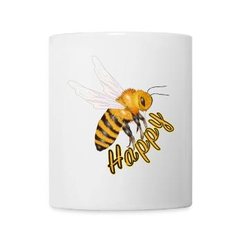 gelber Happy Schriftzug mit handgezeichneter Biene - Tasse - Weiß - Vorne