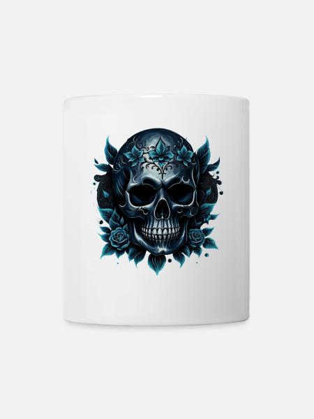 Dunkelblauer Totenkopf mit Rosen. - Tasse - Weiß