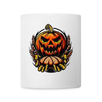 Halloween Kürbis mit Bäckermütze und Brot - Tasse - Weiß - Vorne