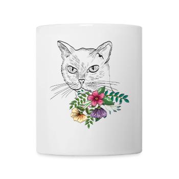 Katze mit Blumenstrauß - Tasse - Weiß - Vorne