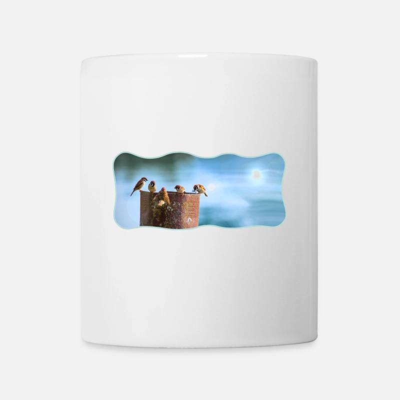 Fotodesign Spatzen-Meeting geschwungen umrandet - Tasse - Weiß