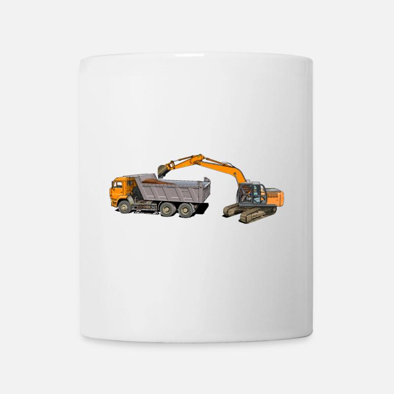 Excavator loads trucks - Mug - white
