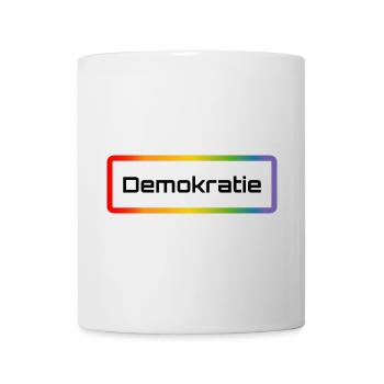 Regenbogen T-Shirt mit Schriftzug Demokratie - Tasse - Weiß - Vorne