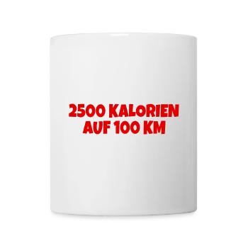 2500 Kalorien auf 100 km Fahrrad Anhänger Sticker - Tasse - Weiß - Vorne
