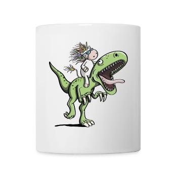 Unicorn rides a T-Rex dinosaur comic - Mug - white - Front