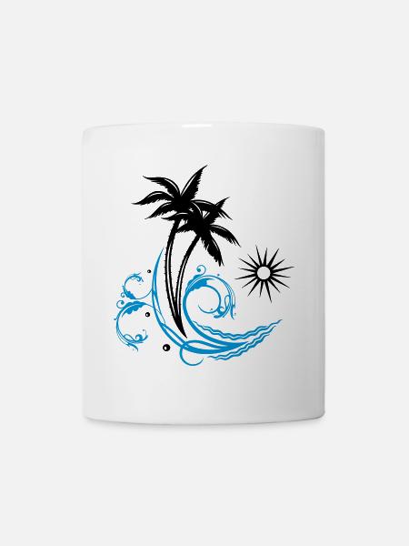 Palm trees with wave and sun, vacation, surf - Mug - white