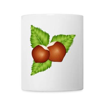 zwei leuchtend braune Haselnüsse mit Blätter - Tasse - Weiß - Vorne