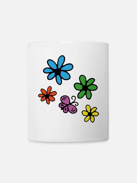 Bunte Blumen und Schmetterling - Tasse - Weiß