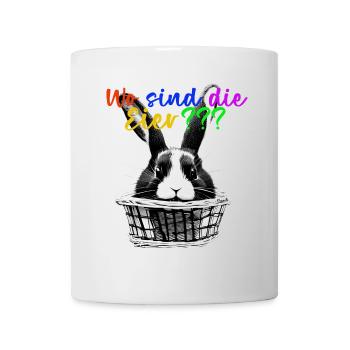 Osterdesign Hase im Korb T-Shirt mit der Frage - Tasse - Weiß - Vorne