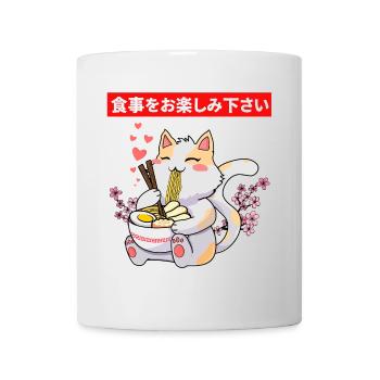 Niedliche Katze, die eine Schüssel Ramen isst - Tasse - Weiß - Vorne