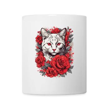 Red Rose Cat Look, Cat with Roses - Mug - white - Front