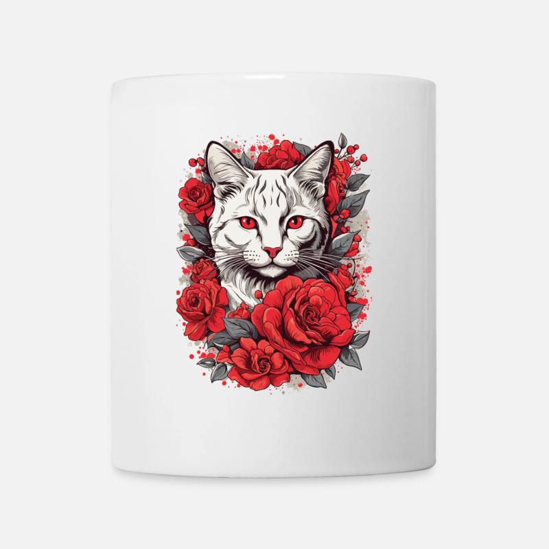Roter Rosenkater Blick, Katze mit Rosen - Tasse - Weiß