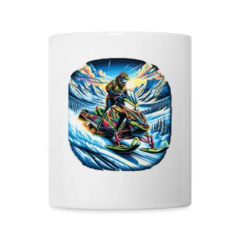 A colorful snowmobile in a mountainous landscape - Mug - white - Front
