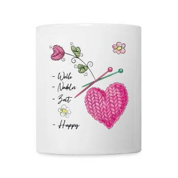 Gestricktes Herz mit Blüten und Stricknadeln - Tasse - Weiß - Vorne