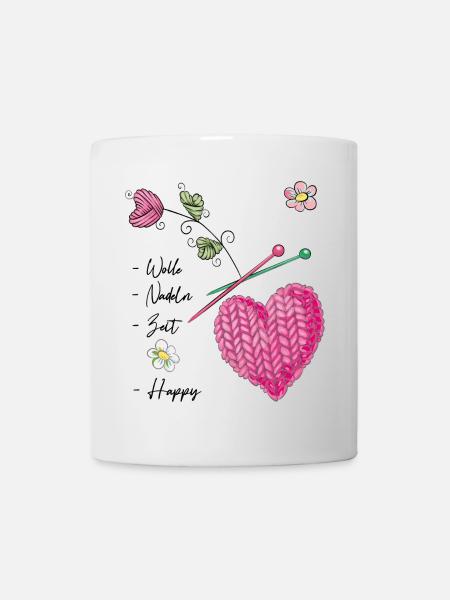 Knitted heart with flowers and knitting needles - Mug - white
