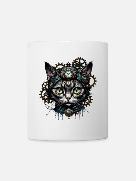 Süße Steampunk-Katze mit Uhren und Zahnrädern. - Tasse - Weiß