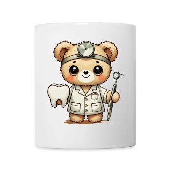 Kuscheltier Teddy Zahnarzt mit Zahn & Mundspiegel - Tasse - Weiß - Vorne