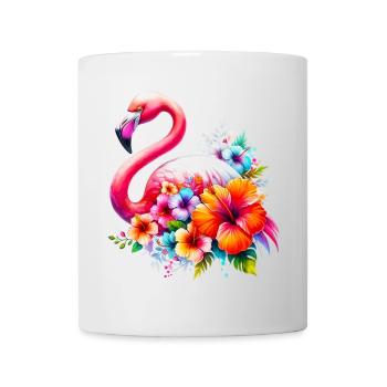 Flamingo verziert mit Hibiskusblüten - Tasse - Weiß - Vorne