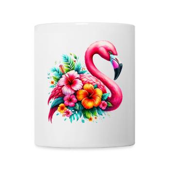 Flamingo verziert mit Hibiskusblüten - Tasse - Weiß - Vorne
