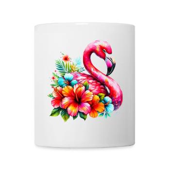 Flamingo verziert mit Hibiskusblüten - Tasse - Weiß - Vorne