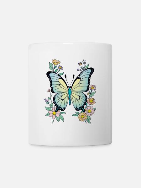 Butterfly Blue with Flowers, Butterfly - Mug - white