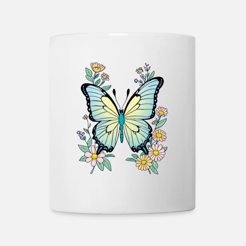 Schmetterling blau mit Blumen, Butterfly - Tasse - Weiß