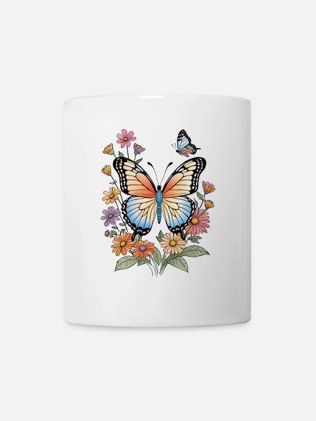 Papillon coloré dans une mer de fleurs - Mug blanc - blanc