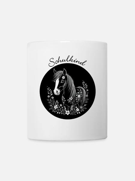 Pony mit Blumen - schwarz weiß – Schulkind - Tasse - Weiß