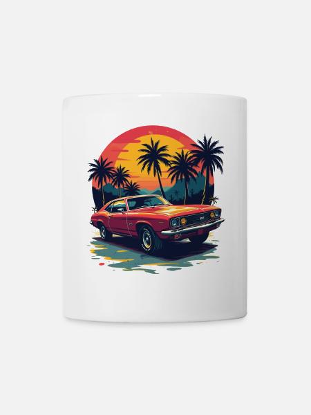 Vintage Muscle Car Sunset Scene - Mug - white