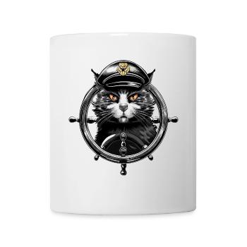 Cat Captain at the Steering Wheel - Maritime Animal Design - Mug - white - Front