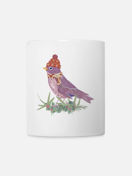 Vogel mit Bommelmütze und Schal in Winter Stimmung - Tasse - Weiß