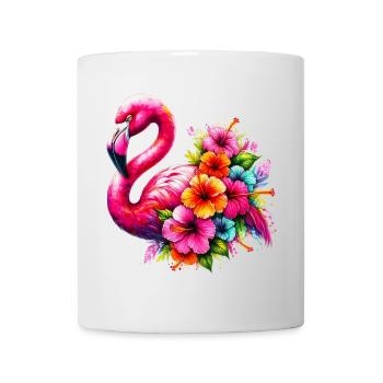 Flamingo verziert mit Hibiskusblüten - Tasse - Weiß - Vorne