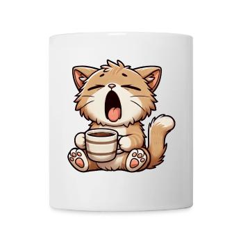 Tired cat yawns with coffee morning grouch - Mug - white - Front
