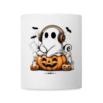 cool ghost with headphones on halloween pumpkin - Mug - white - Front