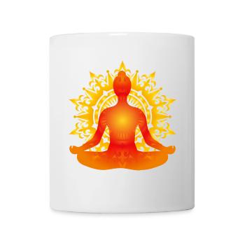 Leuchtende Yoga Silhouette mit Sonnen-Mandala - Tasse - Weiß - Vorne