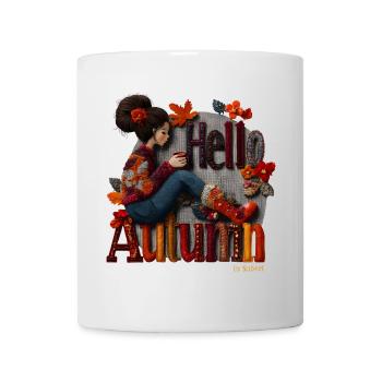 Hello Autumn – Gemütliches Herbstmädchen mit Kaffee, Blumen - Tasse - Weiß - Vorne