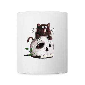 Schwarze Katze und Totenkopf Comic - Tasse - Weiß - Vorne