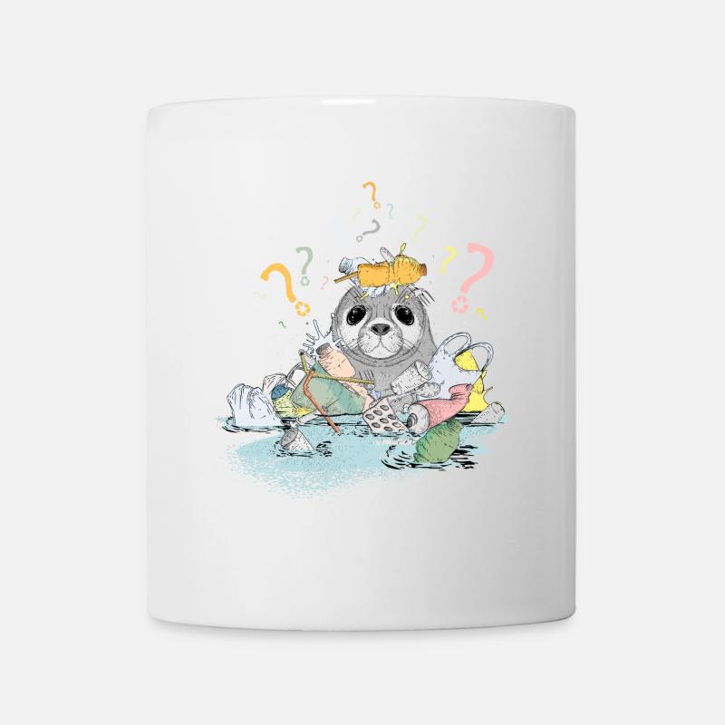 Ordures et sceaux en plastique avec beaucoup de points d'interrogation - Mug blanc - blanc