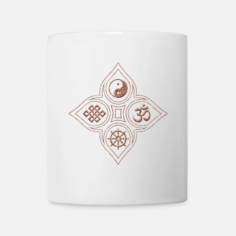 Yin Yang Steinrelief mit Om Dharmachakra Knoten - Tasse - Weiß