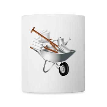 verschiedene Gartengeräte in einer Schubkarre - Tasse - Weiß - Vorne