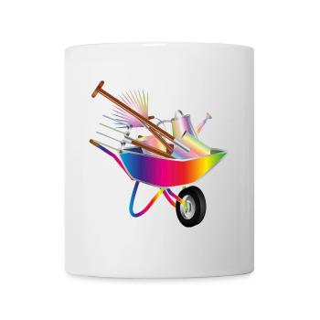 farbenfrohe Gartengeräte in einer Schubkarre - Tasse - Weiß - Vorne