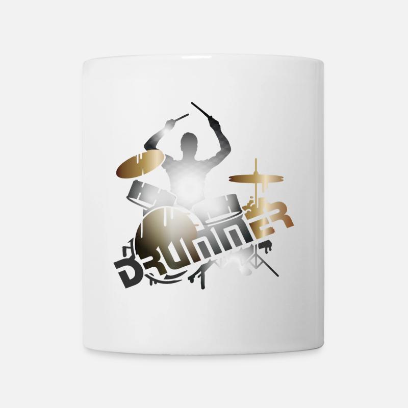 Drummer sits on drums with typography - Mug - white